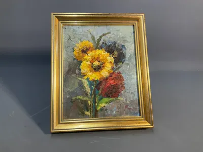 Sale Photo Thumbnail #162: Framed impressionist floral oil painting featuring thick impasto brushwork, signed lower right and set in a molded gold-tone frame.