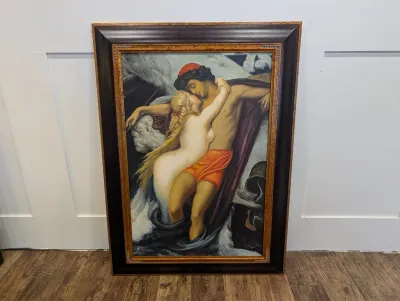 Sale Photo Thumbnail #474: Framed reproduction print of Frederic Leighton's "The Fisherman and the Syren", housed in a wide dark brown and gilt frame.
