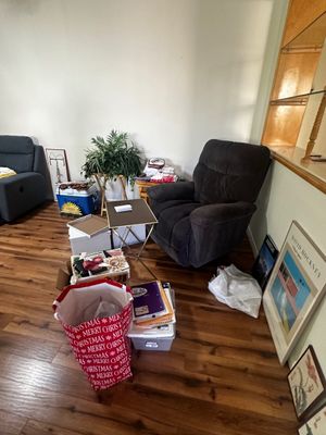 Sale Photo Thumbnail #55: Living room setup featuring a charcoal gray upholstered recliner, folding tv tray tables, potted artificial plants, framed David Hockney art prints, and various household items.