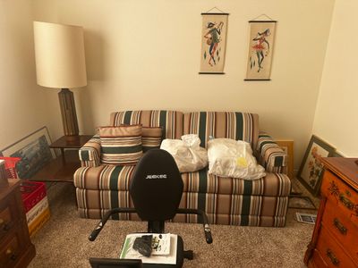 Sale Photo Thumbnail #73: Striped fabric sofa paired with a vintage ceramic floor lamp, framed wall art, and a JEEKEE recumbent exercise bike.