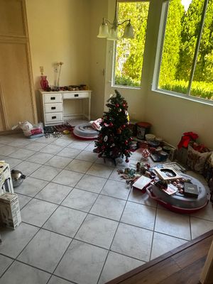 Sale Photo Thumbnail #60: Sunroom display featuring a small decorated artificial Christmas tree, holiday decor items, plastic storage containers, and a white wooden desk with small collectables.