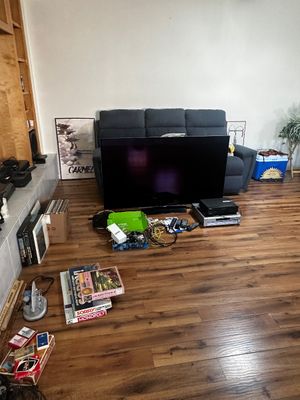 Sale Photo Thumbnail #58: Living room area featuring a large flat-screen television, dark grey three-cushion sofa, media components, board games, vinyl records, and framed artwork.