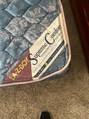 Sale Photo Thumbnail #41: La-Z-Boy Supreme Comfort innerspring mattress with blue and silver floral quilted fabric upholstery.