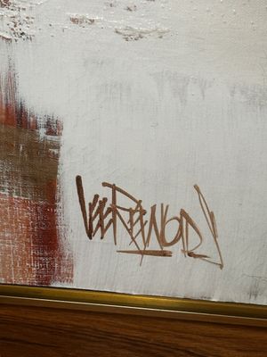 Sale Photo Thumbnail #24: Close-up detail of a signature on a mid-century modern Lee Reynolds Vanguard Studios abstract painting.