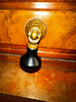 Sale Photo Thumbnail #28: Close-up of a vintage tear-drop drawer pull with an ornate brass rosette mounted on a burl wood cabinet face.