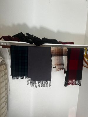 Sale Photo Thumbnail #67: Assorted winter accessories including plaid and solid fringed scarves hanging from a closet rod with gloves resting on the shelf above.