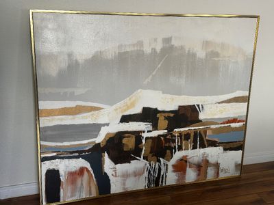 Sale Photo Thumbnail #23: Large mid-century style abstract canvas painting featuring neutral, gold, and dark tones in a thin brass metal frame.