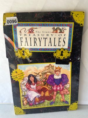 Sale Photo Thumbnail #134: A vintage/retro children's book set titled 'The Giant Treasury of Fairytales', containing 4 giant books featuring classic fairytale stories with colorful illustrations. Shows light wear to outer slipcase packaging.