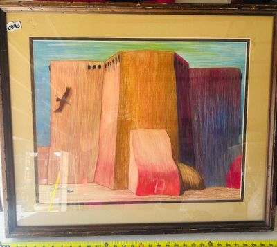 Sale Photo Thumbnail #143: Original framed colored pencil or pastel drawing depicting a Southwestern adobe pueblo structure with a bird flying in the sky, signed in the lower corner 'L. Rhodehamel'. Double matted and presented in a dark rustic wood frame. Measures approximately 32 