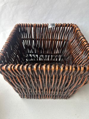 Sale Photo Thumbnail #188: Square woven wicker storage basket in a dark stained finish, suitable for home decor, organization, or display.