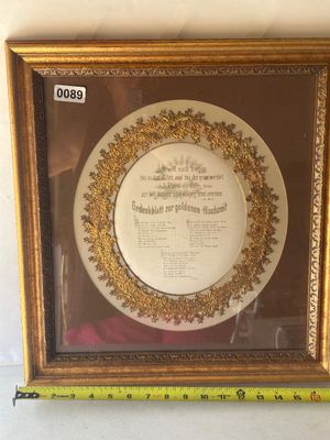 Sale Photo Thumbnail #117: An antique German framed commemorative document ('Gedenkblatt zur goldenen Hochzeit') honoring a golden 50th wedding anniversary. Features German scripture text from Isaiah 46:4 surrounded by an ornate, gilded oak leaf wreath border and mounted within a s