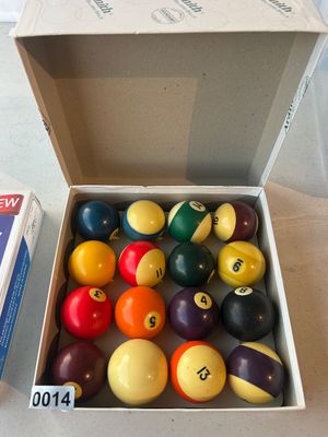 Sale Photo Thumbnail #14: A complete set of vintage Aramith billiard / pool balls, including numbers 1-15 and cue ball, housed in their original branded cardboard box. Balls show light vintage wear and yellowing appropriate for age.