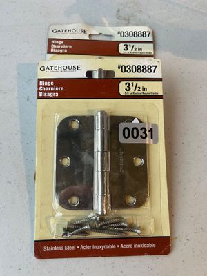 Sale Photo Thumbnail #31: Two packages of new Gatehouse brand 3 1/2-inch stainless steel door hinges with 5/8-inch radius corners (Item #0308887). Includes mounting screws in sealed blister packaging.