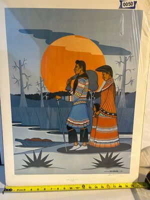 Sale Photo Thumbnail #50: A signed and numbered limited edition print by Muscogee Creek/Seminole artist Fred Beaver (1911–1980), titled "Leaving For Trading Post". Dated '77 in the plate and hand-signed in pencil lower right, numbered 940/1500 lower left. Depicts a Native Americ