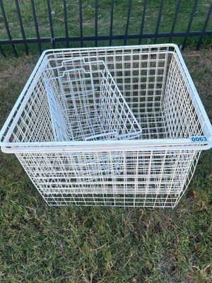 Sale Photo Thumbnail #73: A collection of white vinyl-coated metal wire storage baskets in various sizes. Includes large deep bin-style baskets and smaller stacking or sliding drawer-style baskets. Ideal for closet, pantry, or garage organization. Baskets show light signs of wear 