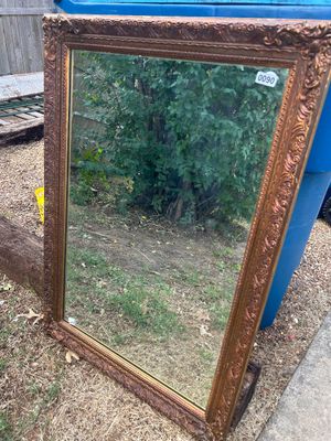 Sale Photo Thumbnail #120: Large vintage wall mirror featuring an ornate, heavily molded composite or wood frame with a gilded bronze/gold-tone finish. Back includes original J.A. Olson Company label marked 'Permaflect Mirror, Winona, Mississippi' with care and hanging instructions