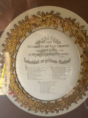 Sale Photo Thumbnail #118: An antique German framed commemorative document ('Gedenkblatt zur goldenen Hochzeit') honoring a golden 50th wedding anniversary. Features German scripture text from Isaiah 46:4 surrounded by an ornate, gilded oak leaf wreath border and mounted within a s
