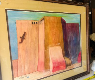 Sale Photo Thumbnail #145: Original framed colored pencil or pastel drawing depicting a Southwestern adobe pueblo structure with a bird flying in the sky, signed in the lower corner 'L. Rhodehamel'. Double matted and presented in a dark rustic wood frame. Measures approximately 32 