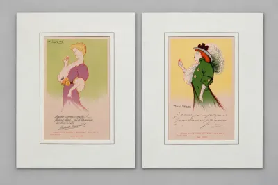 Sale Photo Thumbnail #43: Pair of framed Art Nouveau-style fashion illustration prints by Daniel de Losques 