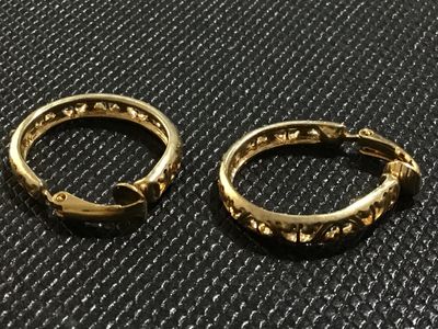 Sale Photo Thumbnail #55: Pair of vintage gold-tone hoop clip-on earrings featuring intricate openwork filigree detailing. Hinged clip-back mechanism designed for non-pierced ears. Good pre-owned condition with light surface wear consistent with age.