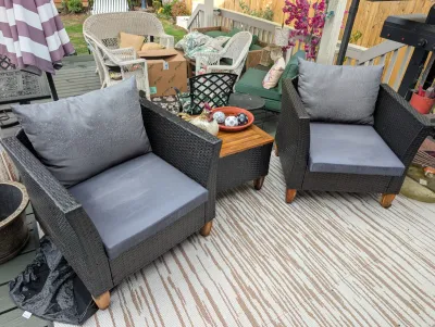 Sale Photo Thumbnail #29: Dark brown resin wicker armchairs with grey cushions