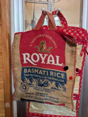 Sale Photo Thumbnail #68: Upcycled Royal Basmati Rice burlap bag converted into a zippered tote bag