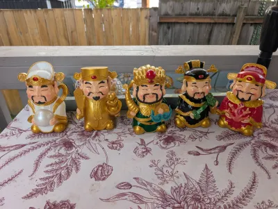 Sale Photo Thumbnail #30: Set of five colorful ceramic Asian deity figurines
