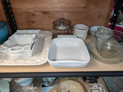 Sale Photo Thumbnail #51: Assorted white ceramic bakeware and glass mixing bowls