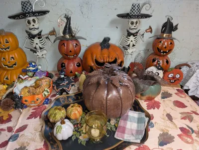 Sale Photo Thumbnail #52: Collection of Halloween and autumn decor, skeleton mariachi figures, stacked jack-o'-lanterns 