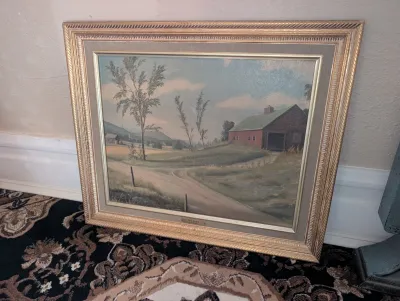 Sale Photo Thumbnail #46: landscape oil painting titled 'Red Barn' by J. A. Huler