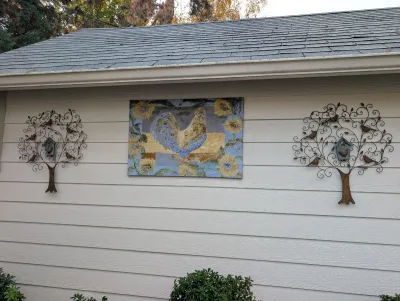 Sale Photo Thumbnail #34: Large rooster wall art panel & matching metal tree-of-life wall sculptures