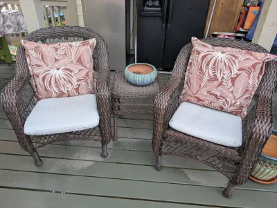Sale Photo Thumbnail #33: Three-piece dark brown woven resin wicker patio set,