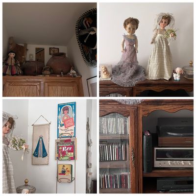 Sale Photo Thumbnail #2: Four-panel view featuring vintage decor, including Southwestern pottery and a sombrero, formal display dolls, vintage wall art and paper dolls, and a wooden entertainment unit housing a stereo receiver, turntable, and CD collection.