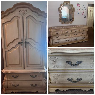 Sale Photo Thumbnail #4: French Provincial style distressed cream bedroom furniture set, including an armoire cabinet with bottom drawers, a matching low dresser with an ornate wall mirror, and ornate metal drawer pulls.