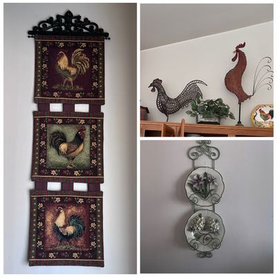 Sale Photo Thumbnail #5: Collection of rooster-themed country cottage home decor items, including a three-panel tapestry wall hanging, decorative metal rooster figurines, and a double floral plate wall bracket.