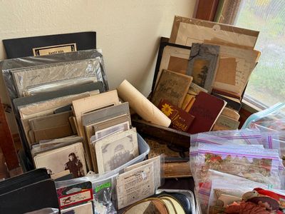 Sale Photo Thumbnail #79: Collection of antique and vintage paper ephemera, including cabinet card photographs, small books, letters, and printed materials.