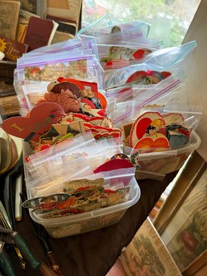Sale Photo Thumbnail #76: Large collection of vintage paper ephemera and die-cut Valentine's Day greeting cards, individually packaged in plastic bags and stored in plastic bins.