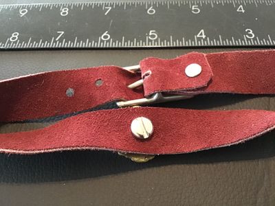 Sale Photo Thumbnail #109: Vintage burgundy red suede leather choker or belt-style band featuring a gold-tone lion head medallion at the center. Secured with a silver-tone buckle closure and screw-back attachment for the charm. Measures approximately 12 to 14 inches long. Shows lig