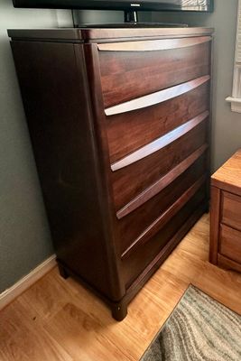 Sale Photo Thumbnail #15: Contemporary dark cherry wood tallboy dresser with five drawers and integrated silver-tone lip handles.