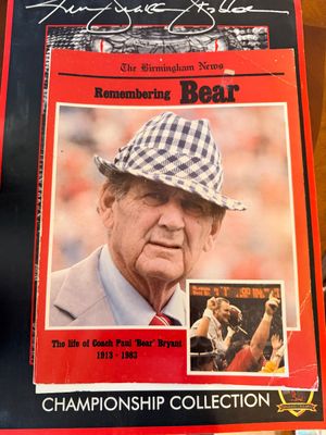Sale Photo Thumbnail #47: 1983 vintage The Birmingham News special tribute section, "Remembering Bear," honoring Alabama football coach Paul "Bear" Bryant, resting on a Legend Cellars Championship Collection poster.
