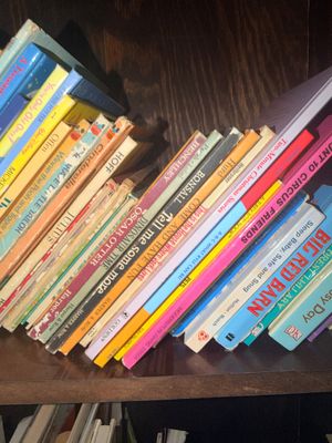 Sale Photo Thumbnail #12: Collection of vintage children's picture books arranged on a wooden shelf, including titles like Big Red Barn and Cinderella.