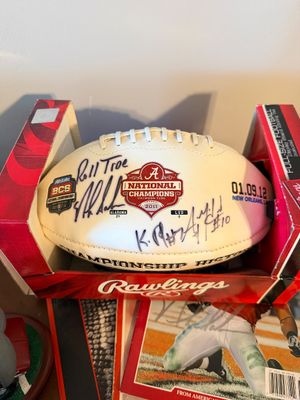 Sale Photo Thumbnail #44: Autographed 2011 Alabama Crimson Tide BCS National Champions commemorative Rawlings football in original display packaging.