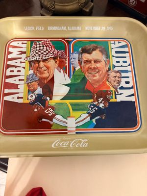 Sale Photo Thumbnail #25: Vintage 1975 Coca-Cola commemorative serving tray featuring the Alabama vs. Auburn Iron Bowl at Legion Field in Birmingham, Alabama.