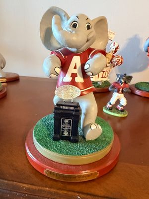 Sale Photo Thumbnail #49: University of Alabama Big Al 2012 National Champions figurine featuring the Coaches' Trophy on a wooden display base.