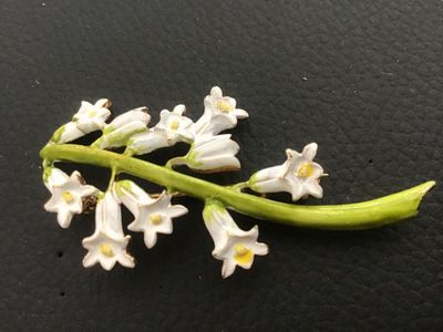 Sale Photo Thumbnail #18: Vintage Rafaelian floral pin featuring white enamel bell-shaped flowers on a green enamel stem with gold-tone backing and detail. Stamped '© RAFAELIAN' on the reverse. Features a standard pin back with a rotating clasp mechanism. Shows minor signs of vin