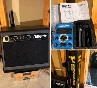 Sale Photo Thumbnail #6: Singtrix home karaoke system including powered speaker console, blue effects module, microphone with accessories, and a Hercules microphone stand.