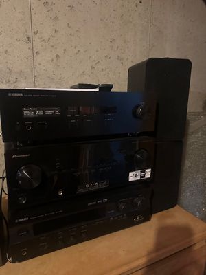 Sale Photo Thumbnail #25: Stack of black home audio components including Yamaha and Pioneer receivers, paired with black bookshelf speakers.