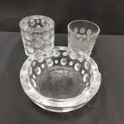 LALIQUE CRYSTAL ASHTRAY, VOTIVE HOLDER AND DRINKING GLASS