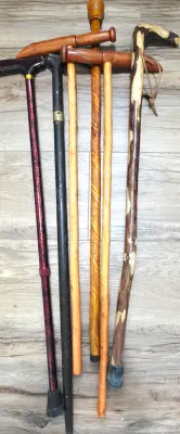 Sale Photo Thumbnail #63: Assortment of wooden walking sticks and canes, including handcrafted carved styles and metal options, resting on a wood-grain floor.