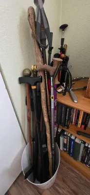 Sale Photo Thumbnail #6: Collection of assorted walking sticks, hiking poles, and canes stored in a white bucket.